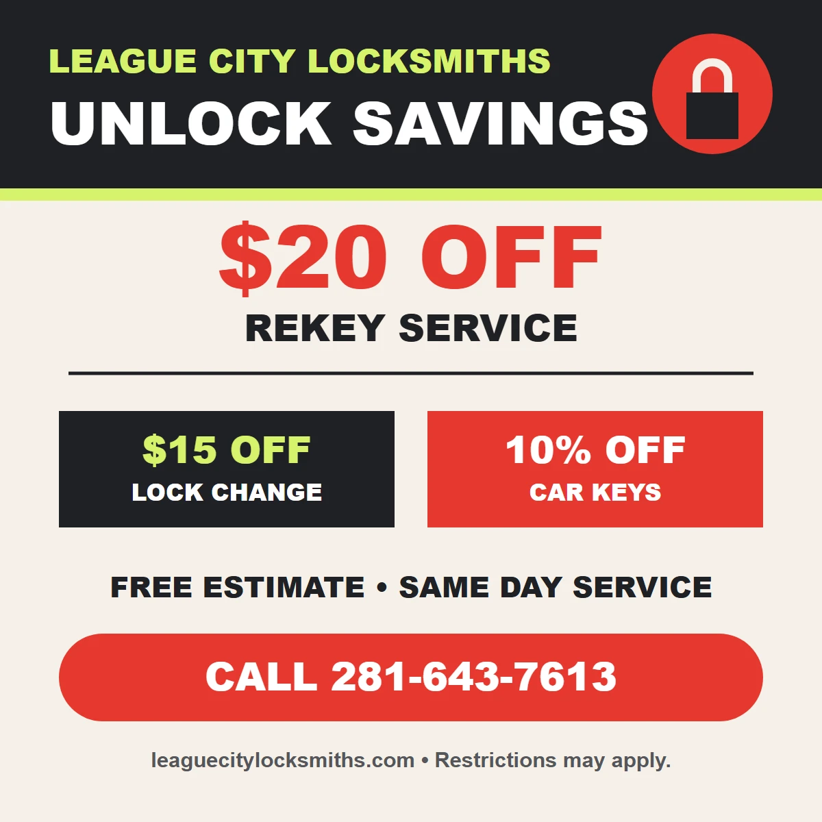  off rekey service,  off lock change, and 10% off car keys coupon